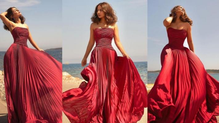 Cannes 2022 Hina Khan Paints The French Riviera Red Donning A Flowy Red Outfit